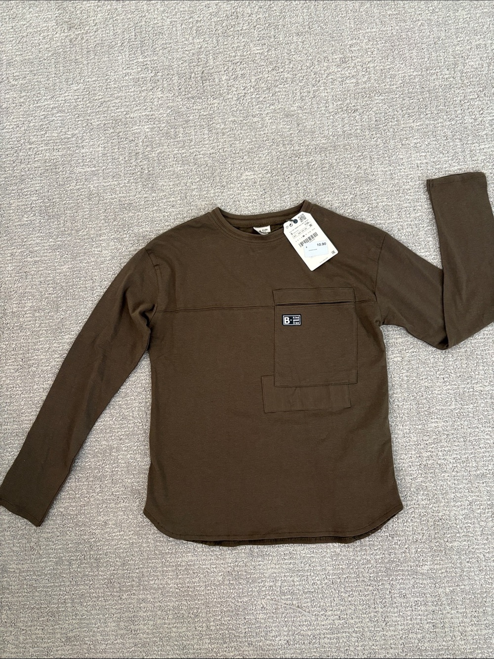 NWT Zara Men's Olive Brown Long Sleeve Pocket Tee